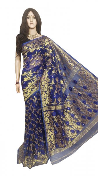 Blue full body weaving work jamdani silk saree